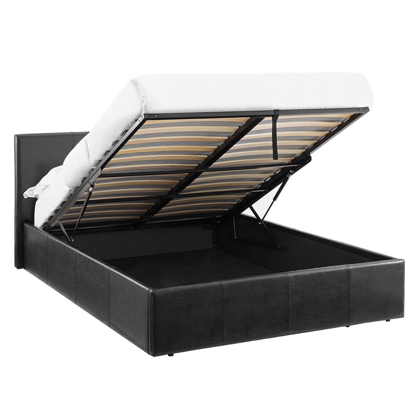 LUNA 3FT Single Black Ottoman Storage Bed with Gas Lift & 17cm Spring Mattress - Faux Leather