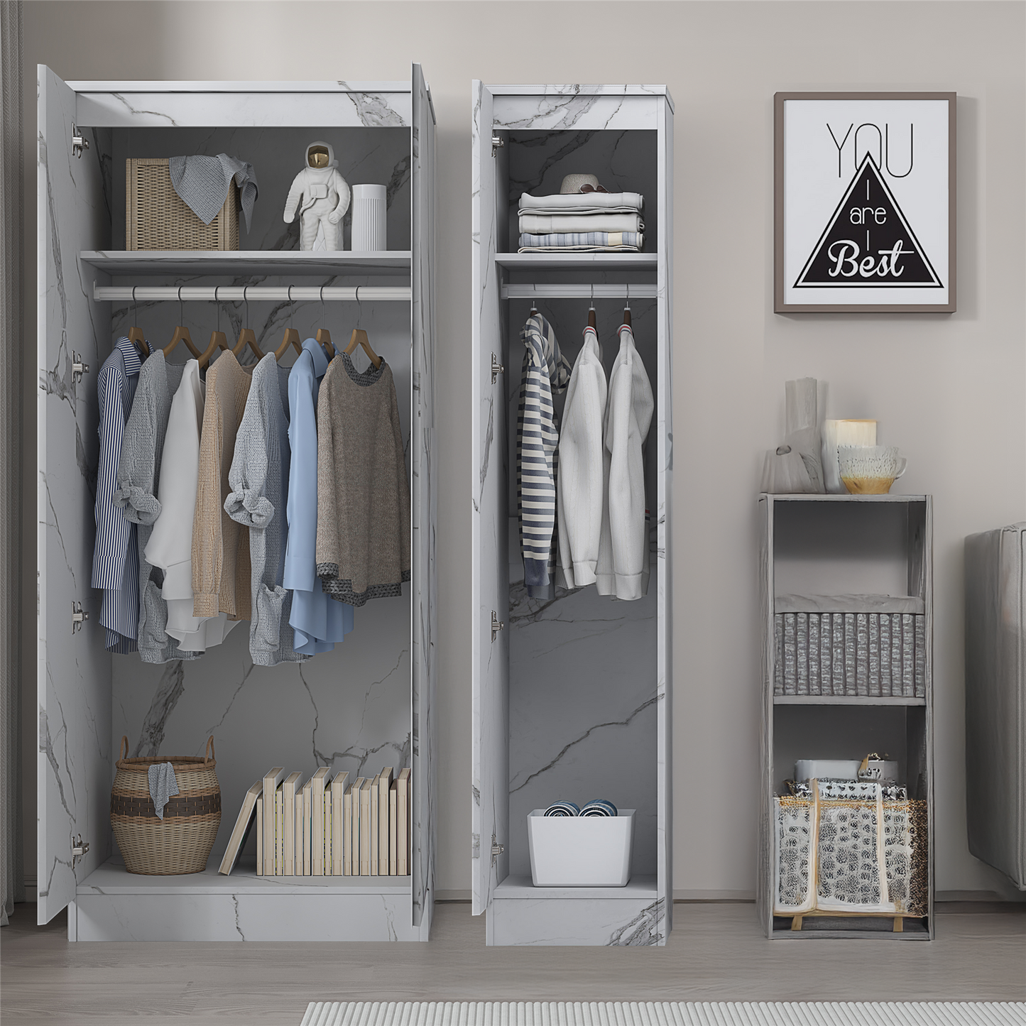 ZITA White Marble Effect 2 Piece Wardrobe Set - 2 Door and 1 Door, Spacious Bedroom Storage Solutions