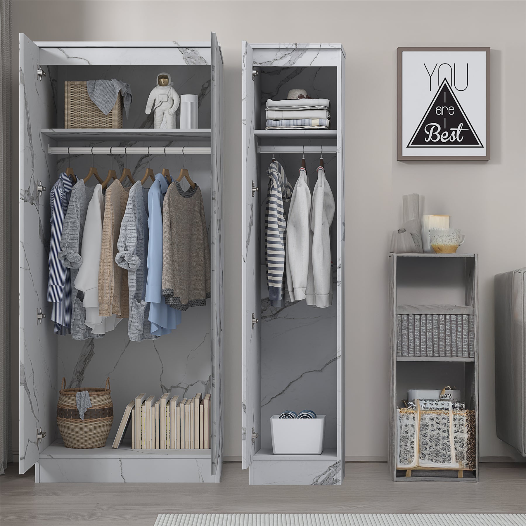 ZITA White Marble Effect 2 Piece Wardrobe Set - 2 Door and 1 Door, Spacious Bedroom Storage Solutions