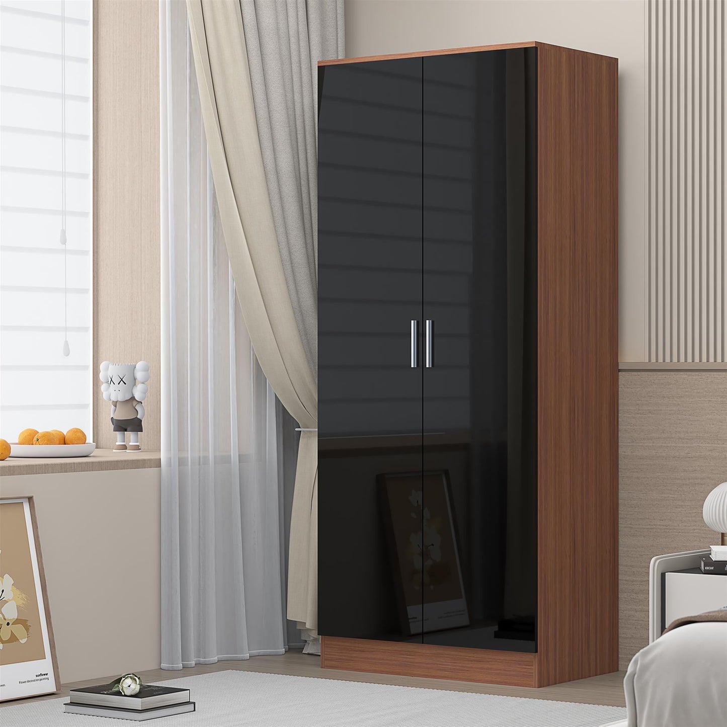 REFLECT High Gloss Bedroom Furniture Wardrobe Chest Bedside Desk - Black/Walnut