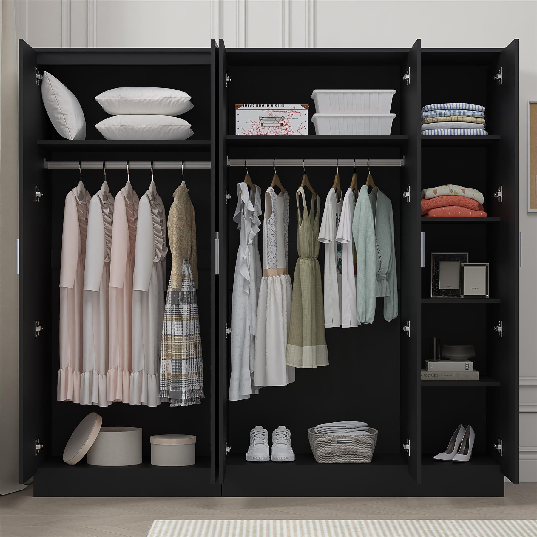 REFLECT - 3 Door MIRROR + 2 Door PLAIN Wardrobe - Gloss Black / Matt Black