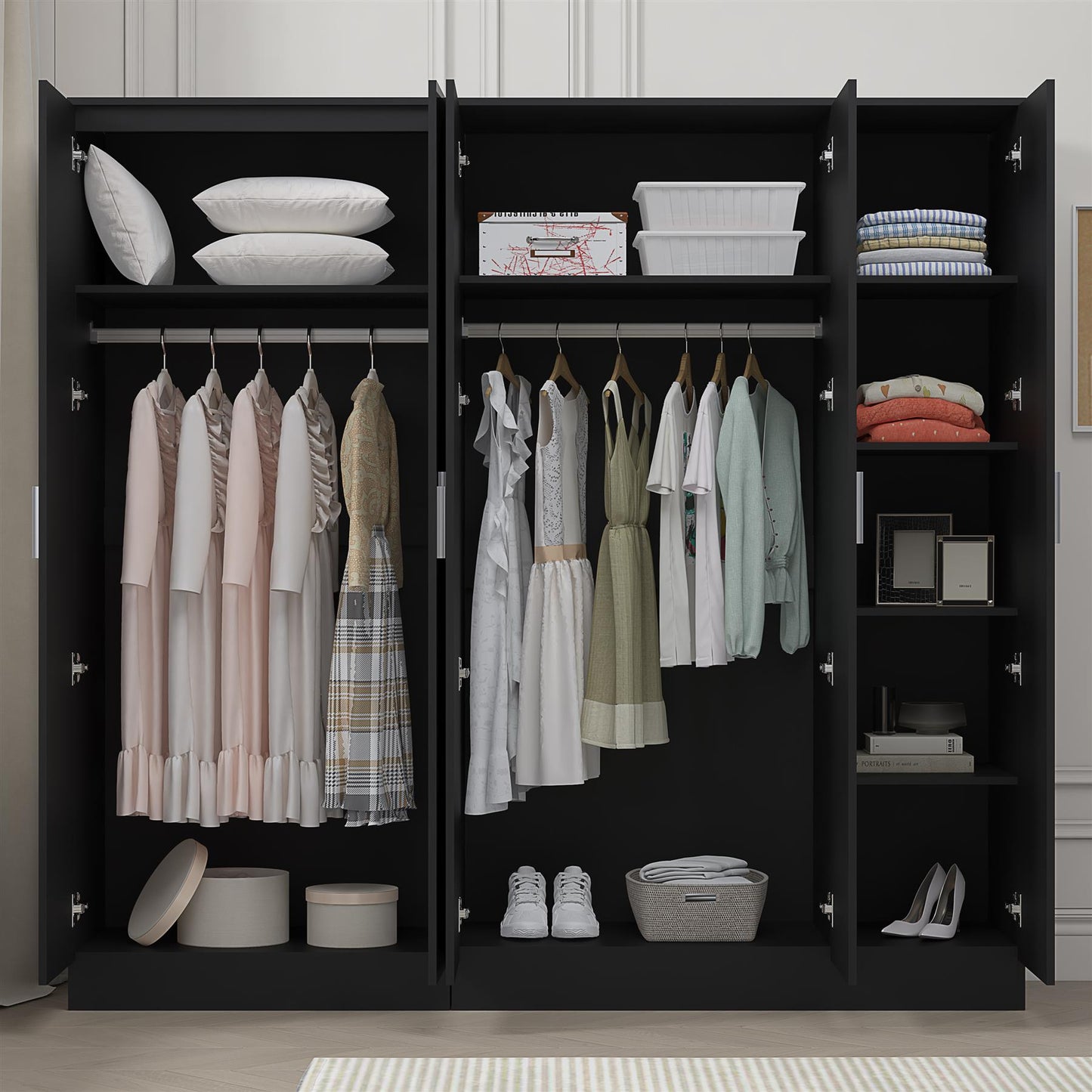 Reflect 2pc Wardrobe Bundle - 3 Door Mirror + 2 Door Plain - Black Gloss & Black Oak