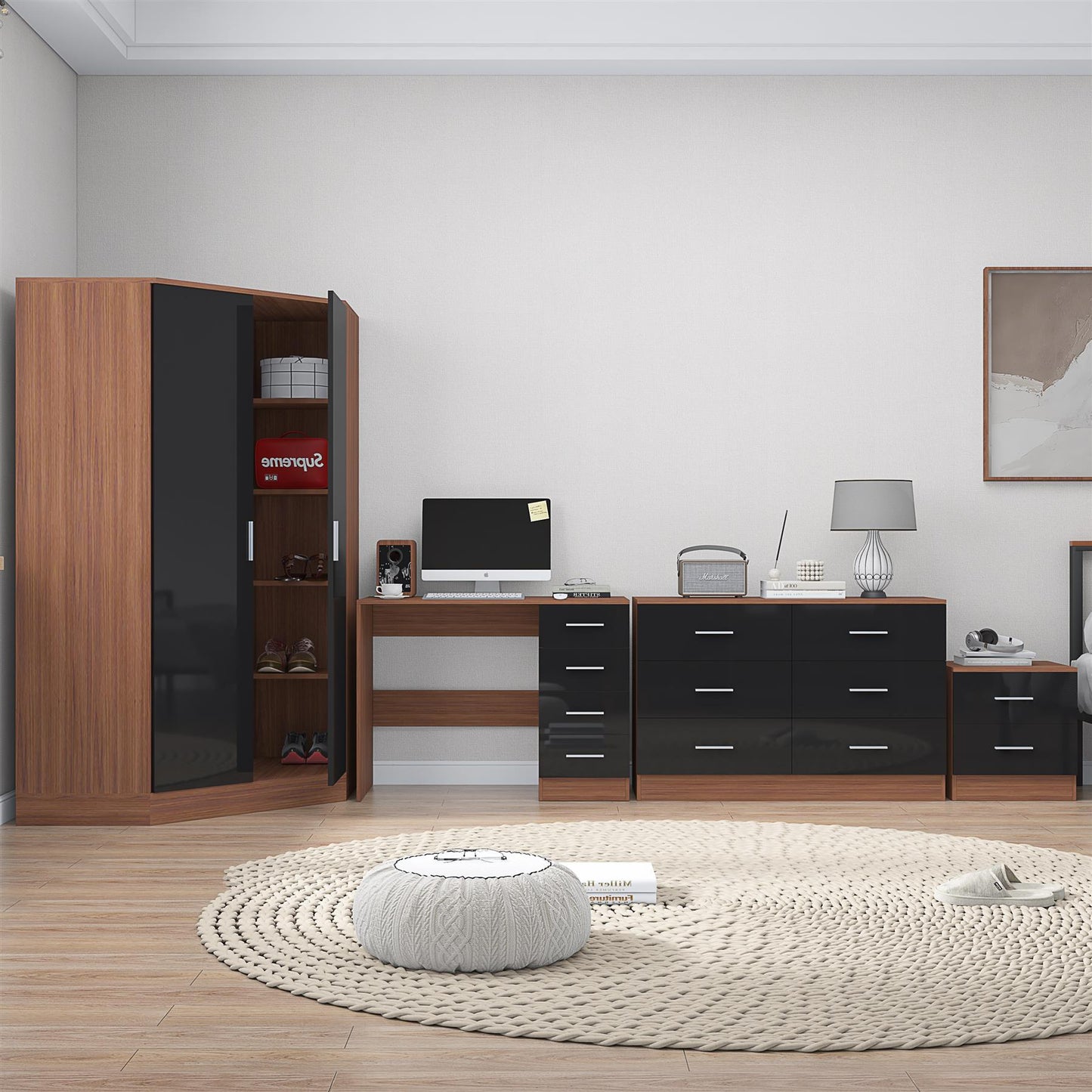 Reflect 2 Door Corner Wardrobe, 6 Drawer Chest, 2 Drawer Bedside & Desk - Black Gloss & Walnut - Bedroom Furniture Set