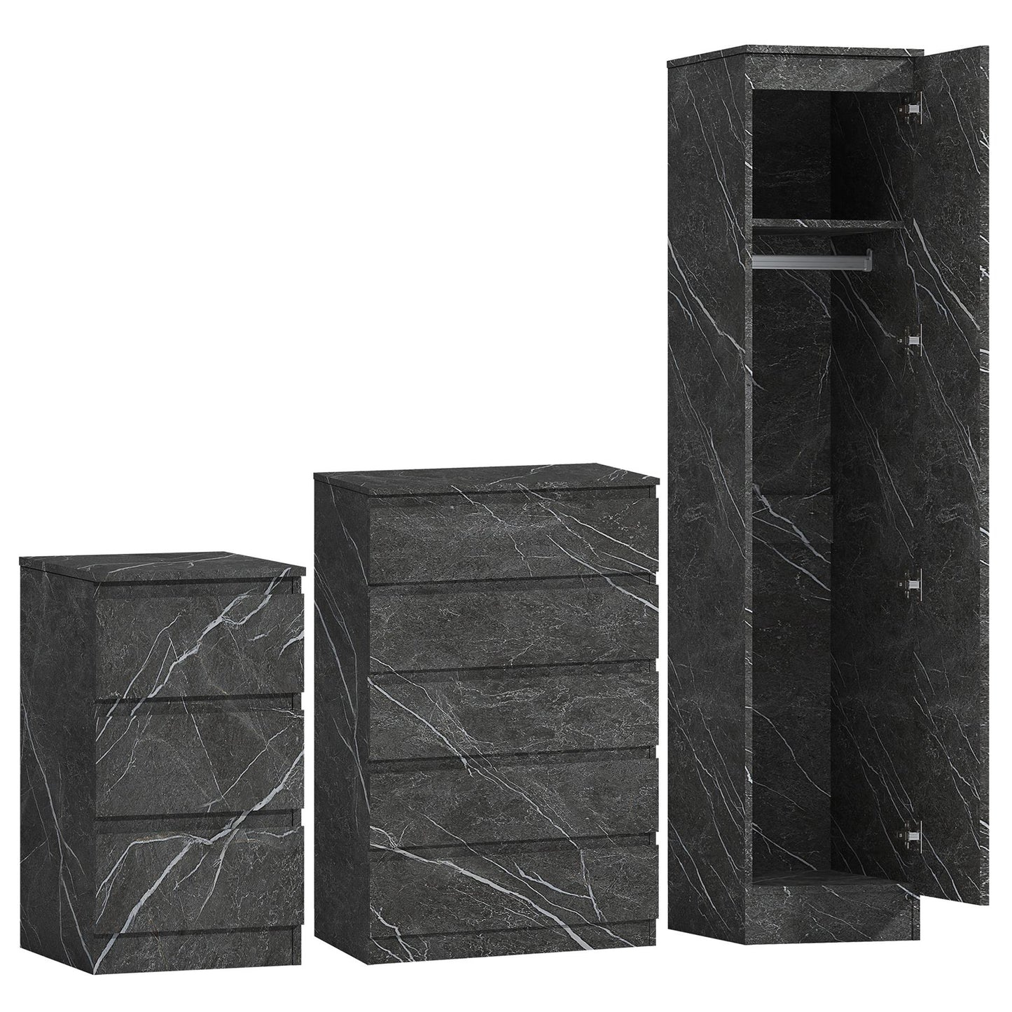 ZITA 3pc Set - 1 Door Wardrobe + Tall Chest + Bedside in White OR Grey Marble