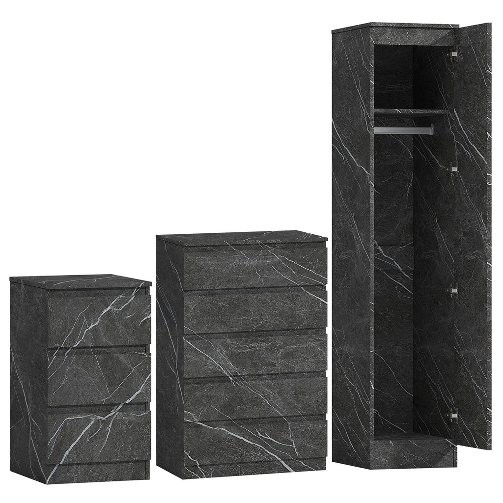 ZITA Grey Marble Effect 3 Piece Bedroom Set - 1-Door Wardrobe, Chest & Bedside Table, Stylish Modern Storage Furniture