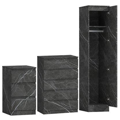 ZITA Grey Marble Effect 3 Piece Bedroom Set - 1-Door Wardrobe, Chest & Bedside Table, Stylish Modern Storage Furniture