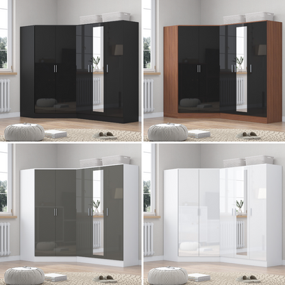 REFLECT Gloss 5 Door Wardrobe Bundle - 2 Door Corner + 3 Door Mirror Bedroom Set