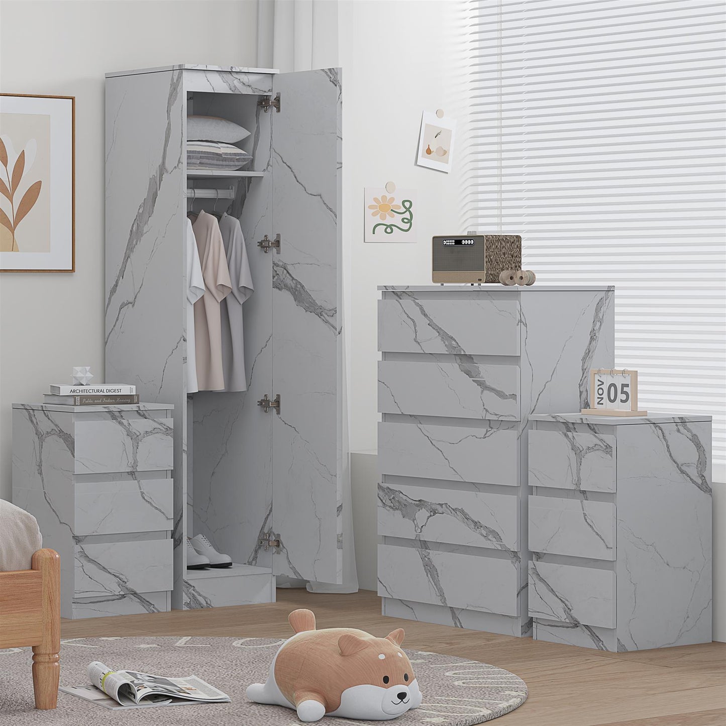 ZITA 4pc Set - 1 Door Wardrobe + Tall Chest + 2 Bedsides in White OR Grey Marble