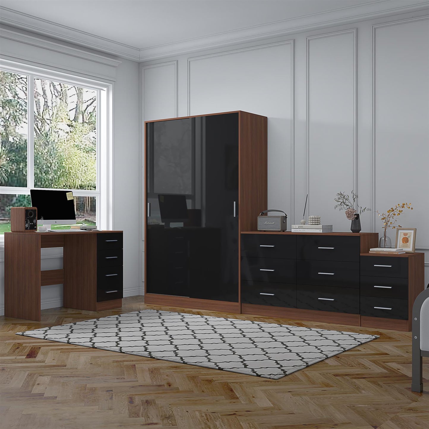 Reflect 2 Door Sliding Wardrobe, 6 Drawer Wide Chest, 3 Drawer Bedside, 4 Drawer Desk - Black Gloss & Walnut - Modern Bedroom Furniture Set