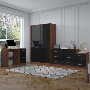 Reflect 2 Door Sliding Wardrobe, 6 Drawer Wide Chest, 3 Drawer Bedside, 4 Drawer Desk - Black Gloss & Walnut - Modern Bedroom Furniture Set