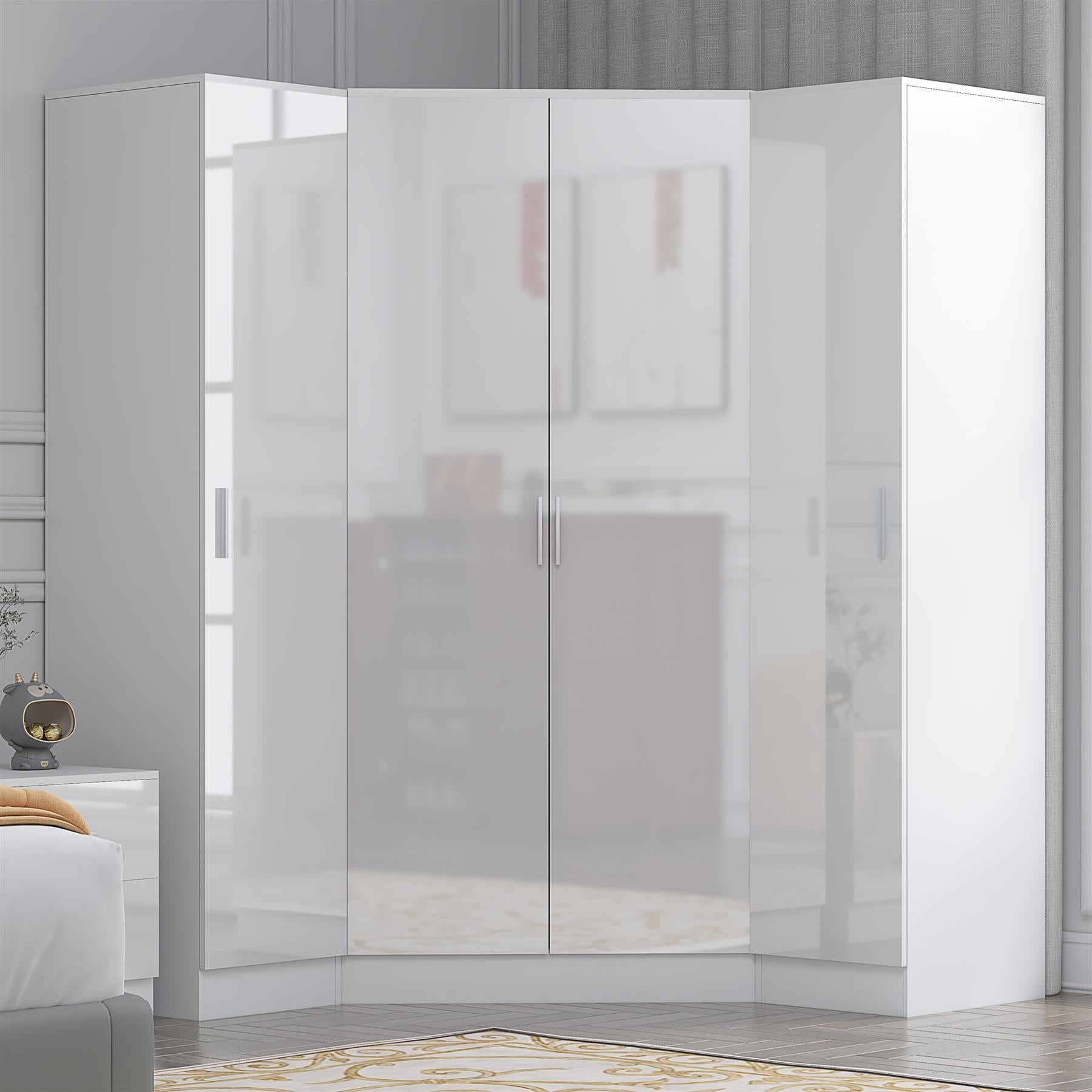 Reflect 3pc Wardrobe Bundle - 2 Door Corner + 2x 1 Door Plain - White Gloss & Matt White