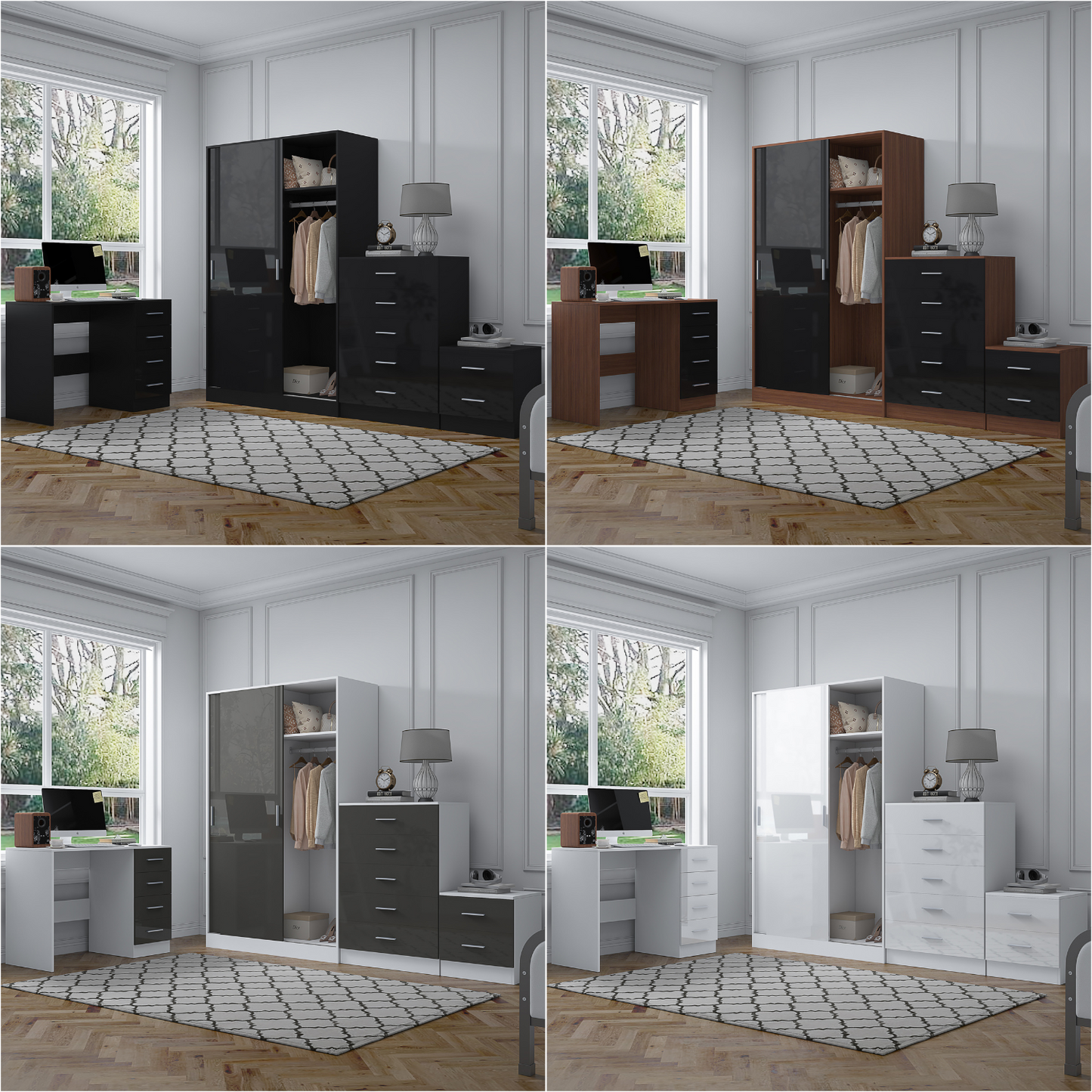 REFLECT Gloss 4pc Set - 2 Door Sliding Wardrobe + 5 Draw Chest + Bedside + Desk