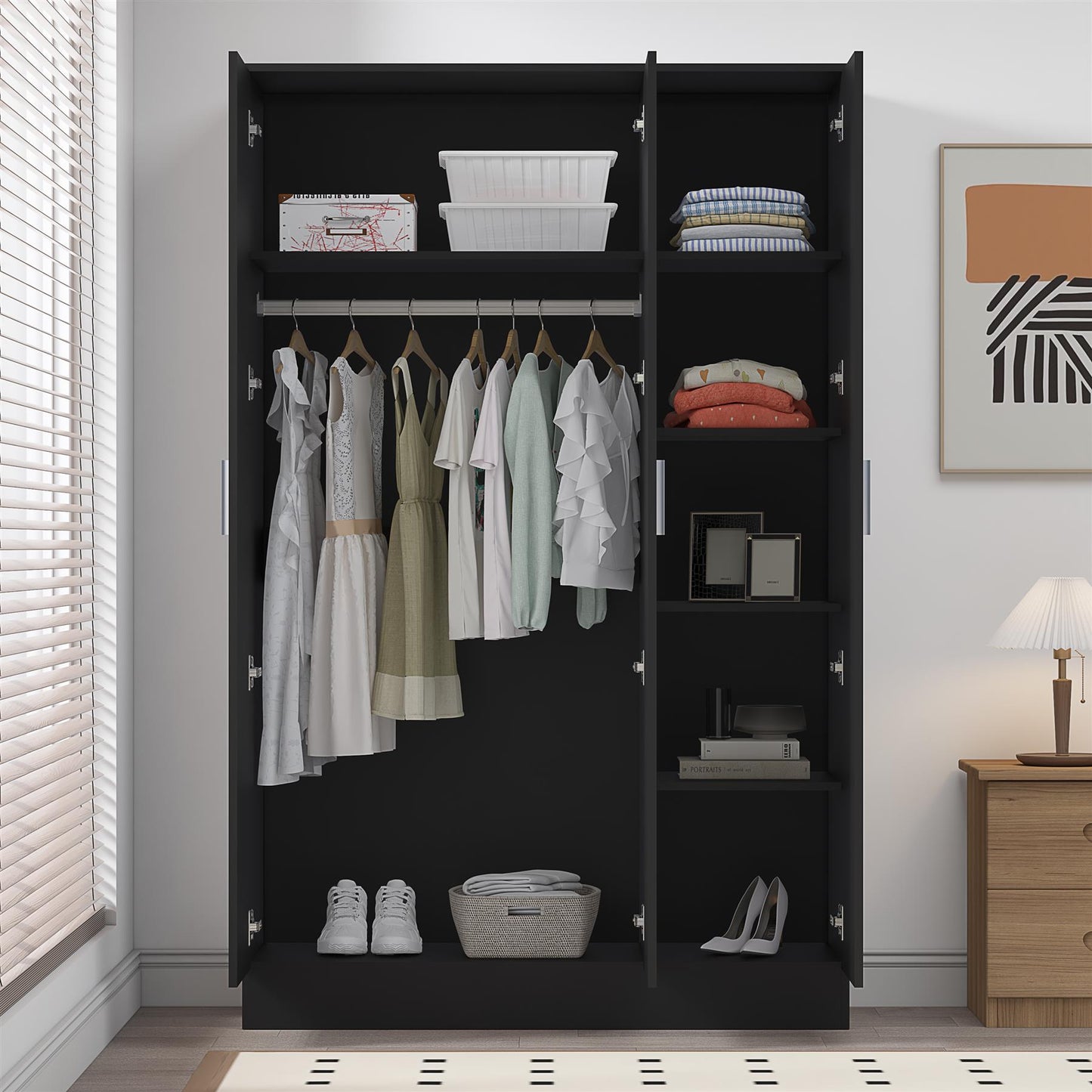 Reflect 3 Door Plain Wardrobe - Black Gloss & Black Oak - Hanging Rail & 4 Shelves - Modern Design