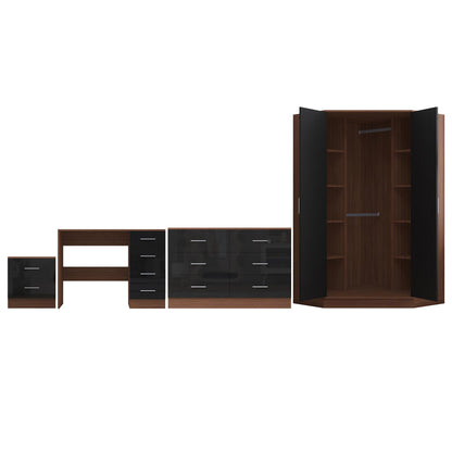 Reflect 2 Door Corner Wardrobe, 6 Drawer Chest, 2 Drawer Bedside & Desk - Black Gloss & Walnut - Bedroom Furniture Set