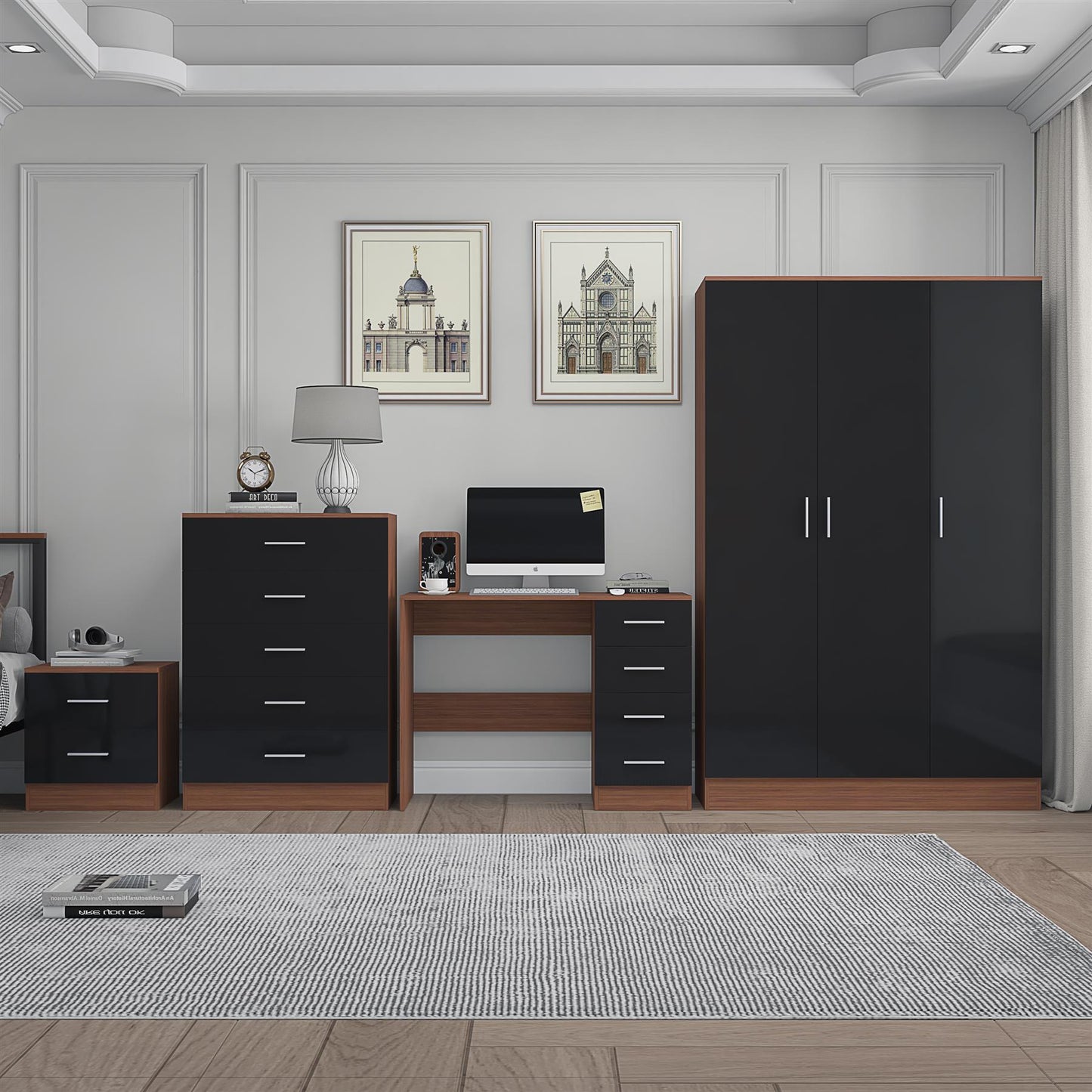 REFLECT Gloss 4pc Bedroom Set - 3 Door Wardrobe + Tall Chest + Bedside + Desk