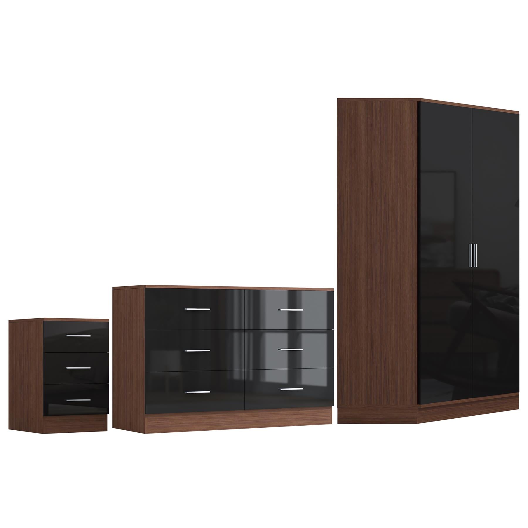 REFLECT - 2 Door CORNER + 6 Drawer Chest + 3 Drawer Bedside - Gloss Black / Matt Walnut