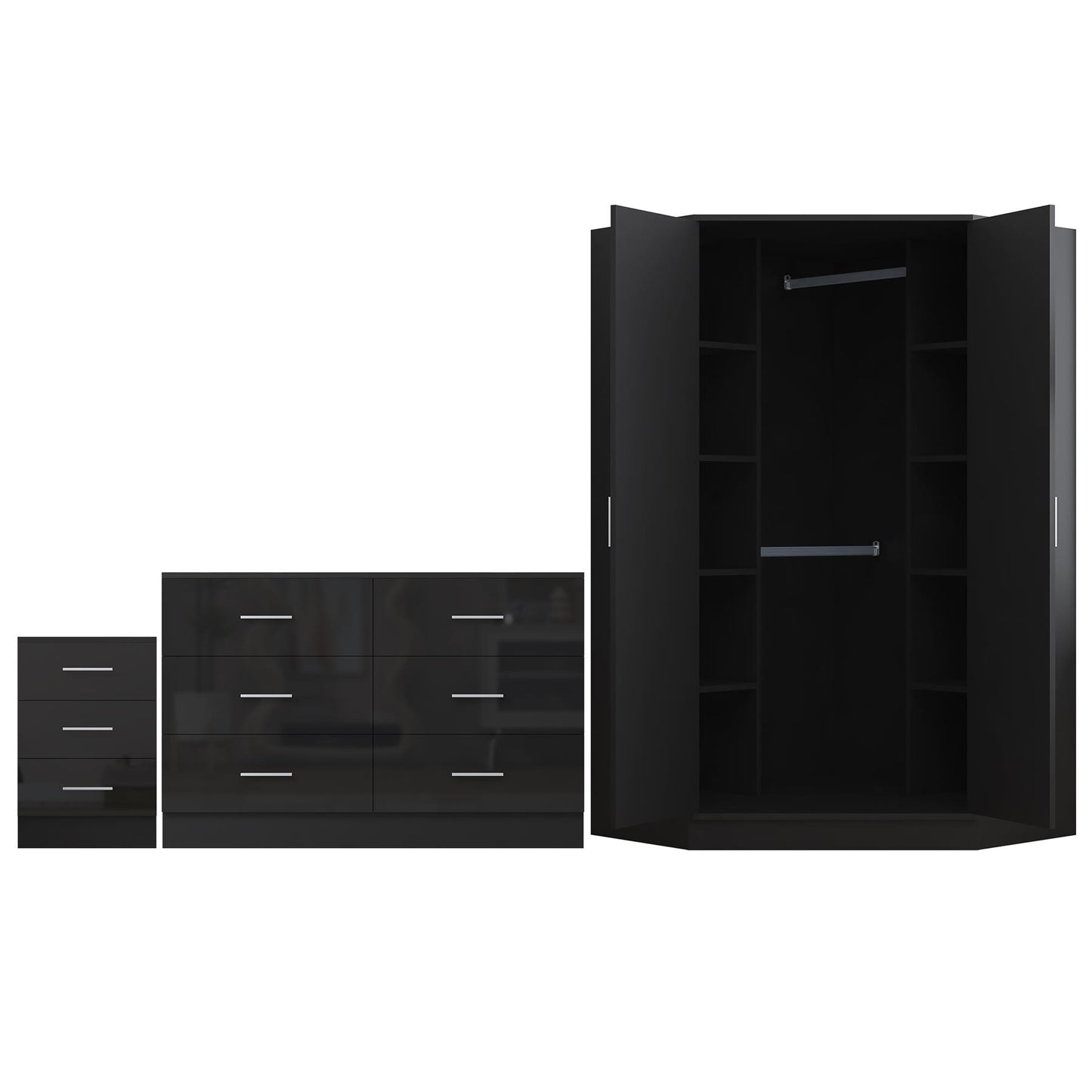Reflect 2 Door Corner Wardrobe, 6 Drawer Chest, 3 Drawer Bedside - Black Gloss & Black Oak - Bedroom Furniture Set