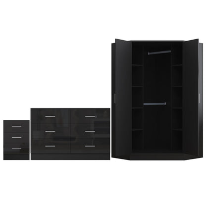 Reflect 2 Door Corner Wardrobe, 6 Drawer Chest, 3 Drawer Bedside - Black Gloss & Black Oak - Bedroom Furniture Set