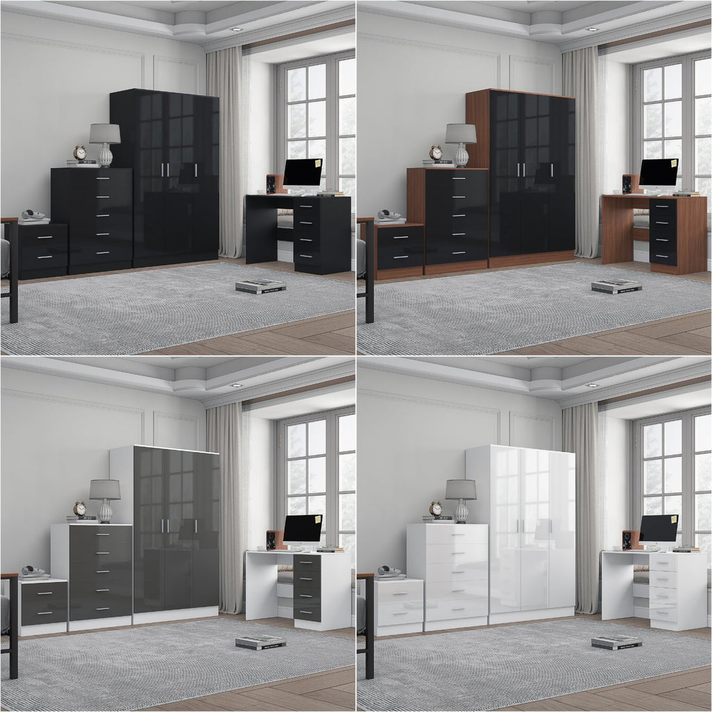 REFLECT Gloss 4pc Bedroom Set - 3 Door Wardrobe + Tall Chest + Bedside + Desk