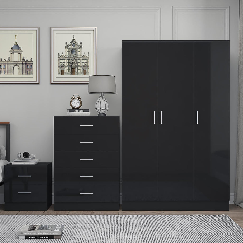 REFLECT Gloss 3pc Bedroom Set - 3 Door Wardrobe + 5 Draw Chest + Bedside
