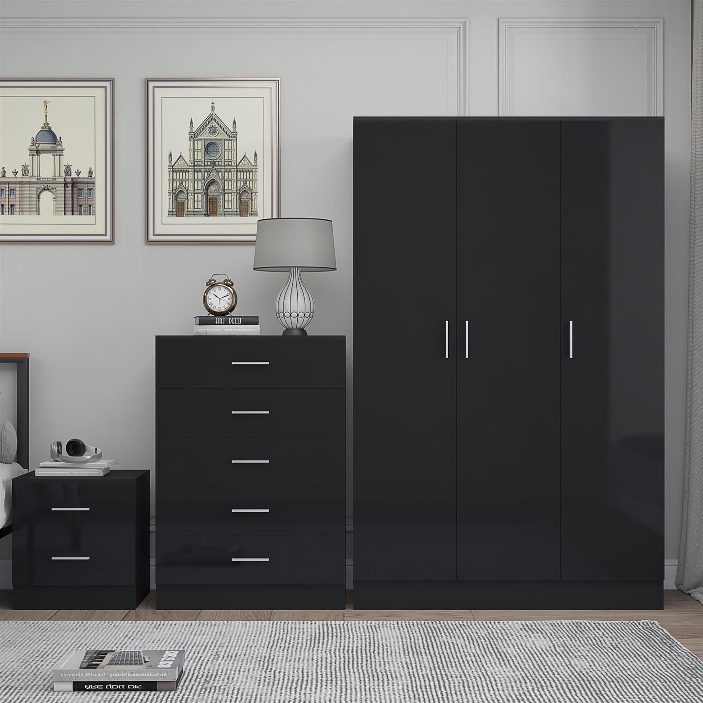 Reflect 3 Door Plain Wardrobe, 5 Drawer Chest, 2 Drawer Bedside - Black Gloss & Black Oak - Modern Bedroom Furniture Set