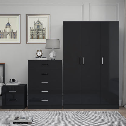 Reflect 3 Door Plain Wardrobe, 5 Drawer Chest, 2 Drawer Bedside - Black Gloss & Black Oak - Modern Bedroom Furniture Set