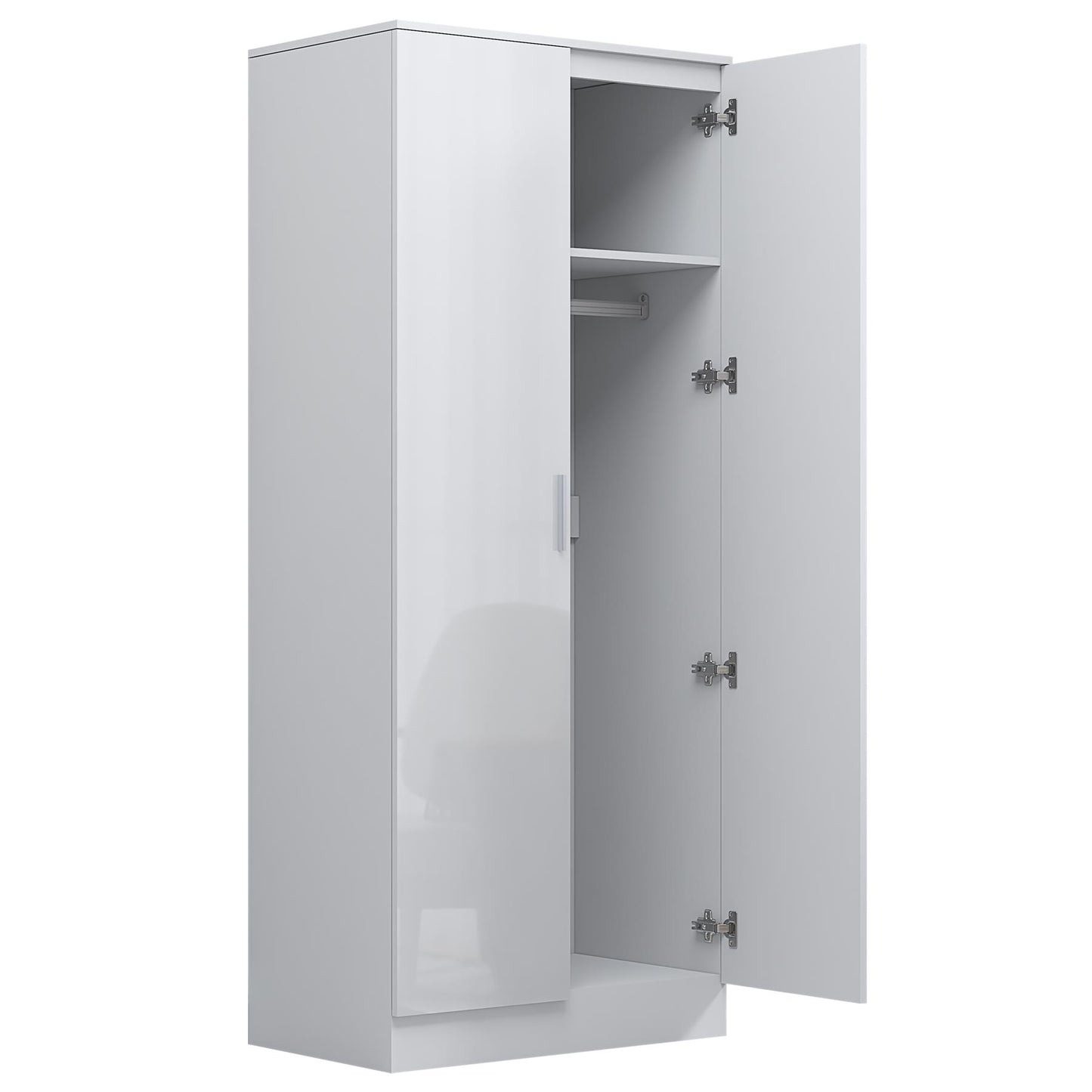 Reflect 2 Door Mirrored Wardrobe - White Gloss & Matt White - Hanging Rails & Shelves - Modern Sleek Design