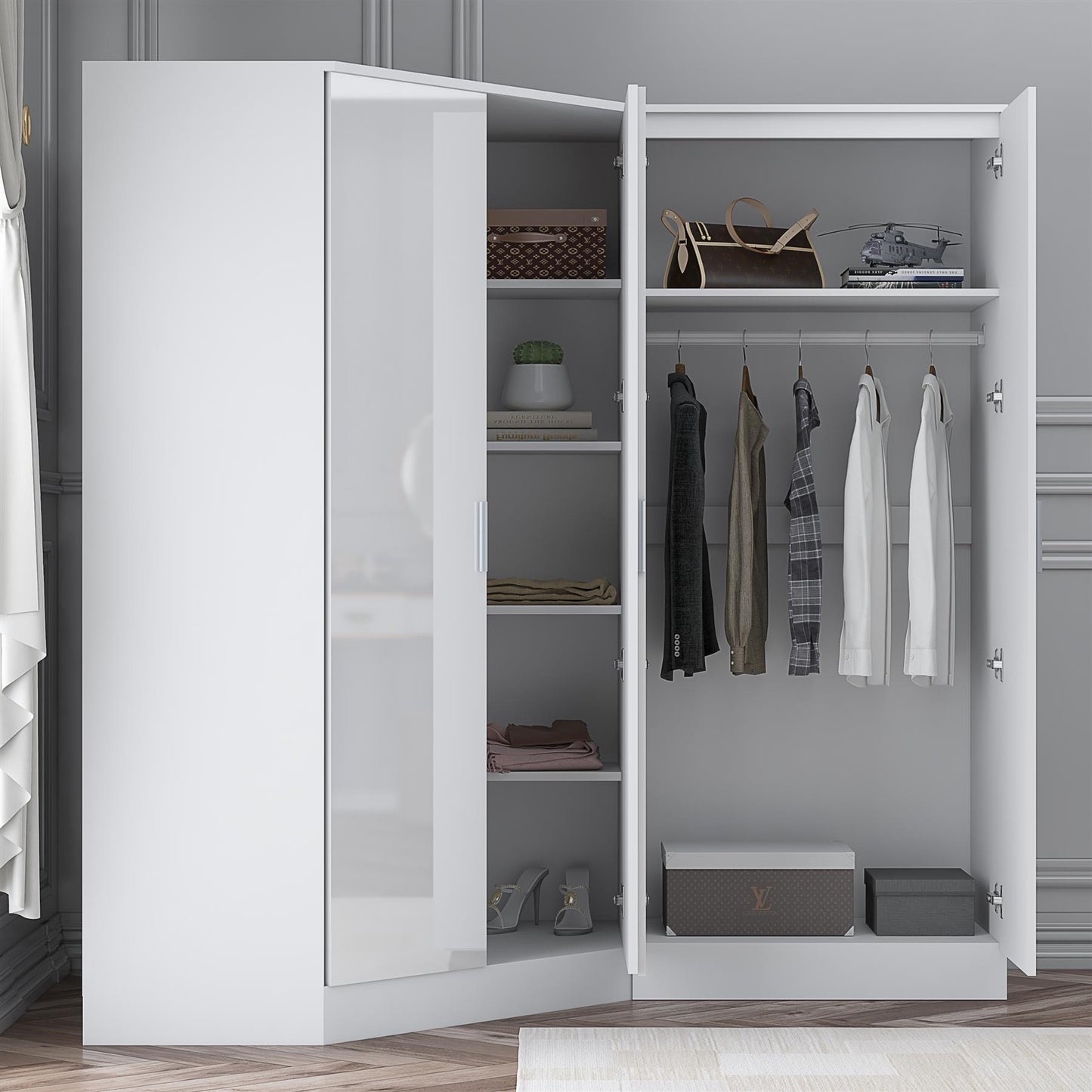 Reflect 2pc Wardrobe Bundle - 2 Door Corner + 2 Door Mirror - White Gloss & Matt White