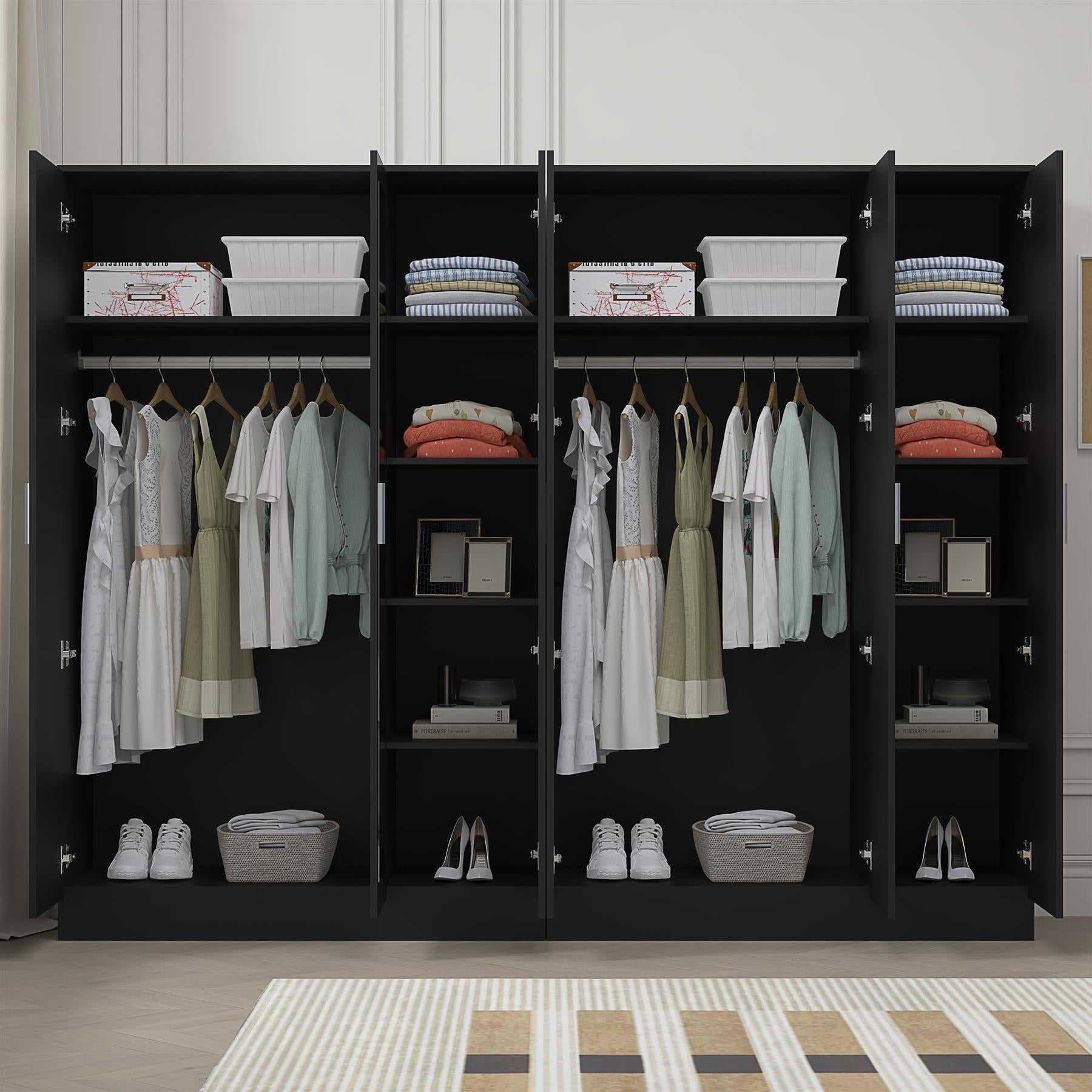 REFLECT - 3 Door MIRROR + 3 Door PLAIN Wardrobe - Gloss Black / Matt Black