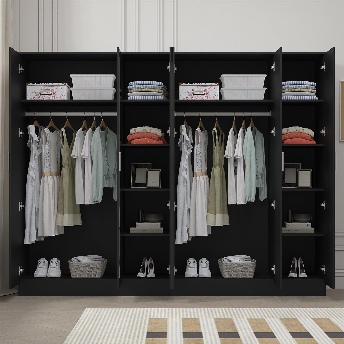 Reflect 2pc Wardrobe Bundle - 3 Door Mirror + 3 Door Plain - Black Gloss & Black Oak
