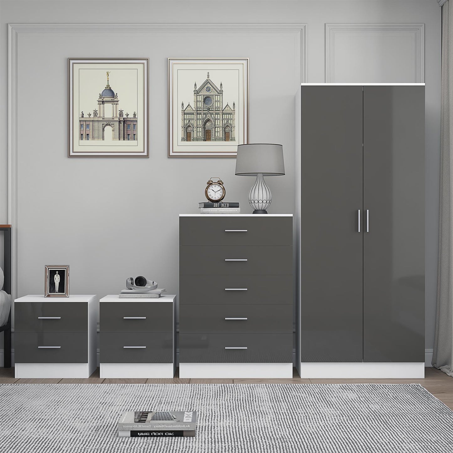 REFLECT Gloss 4pc Bedroom Set - 2 Door Wardrobe + 5 Draw Chest + 2 Bedsides
