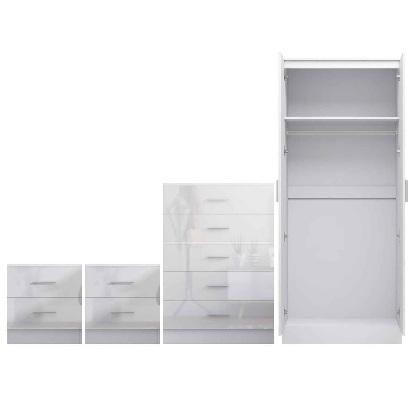 REFLECT Gloss 4pc Set - 2 Door Mirrored Wardrobe + 5 Draw Chest + 2 Bedsides