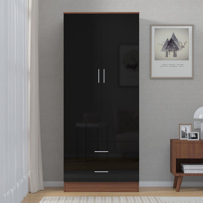 Reflect 2 Door 2 Drawer Combi Plain Wardrobe - Black Gloss & Walnut - Hanging Rails, Drawers & Shelf