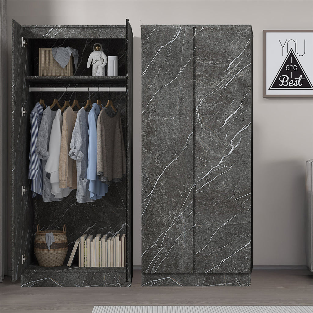 ZITA Grey Marble Effect 2 Piece Wardrobe Bundle - 2 x 2-Door Wardrobes, (L) 50cm x (W) 76cm x (H) 180cm.