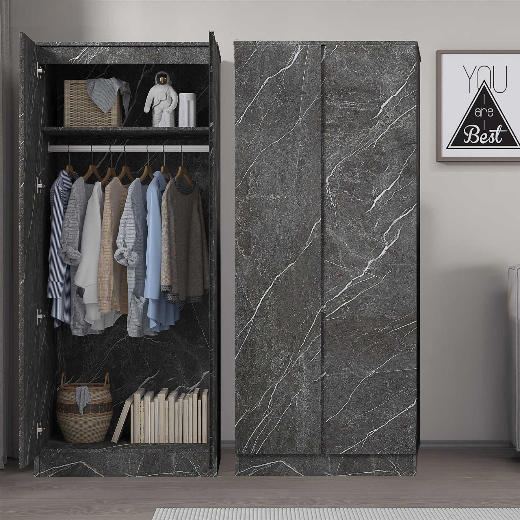 ZITA Grey Marble Effect 2 Piece Wardrobe Bundle - 2 x 2-Door Wardrobes