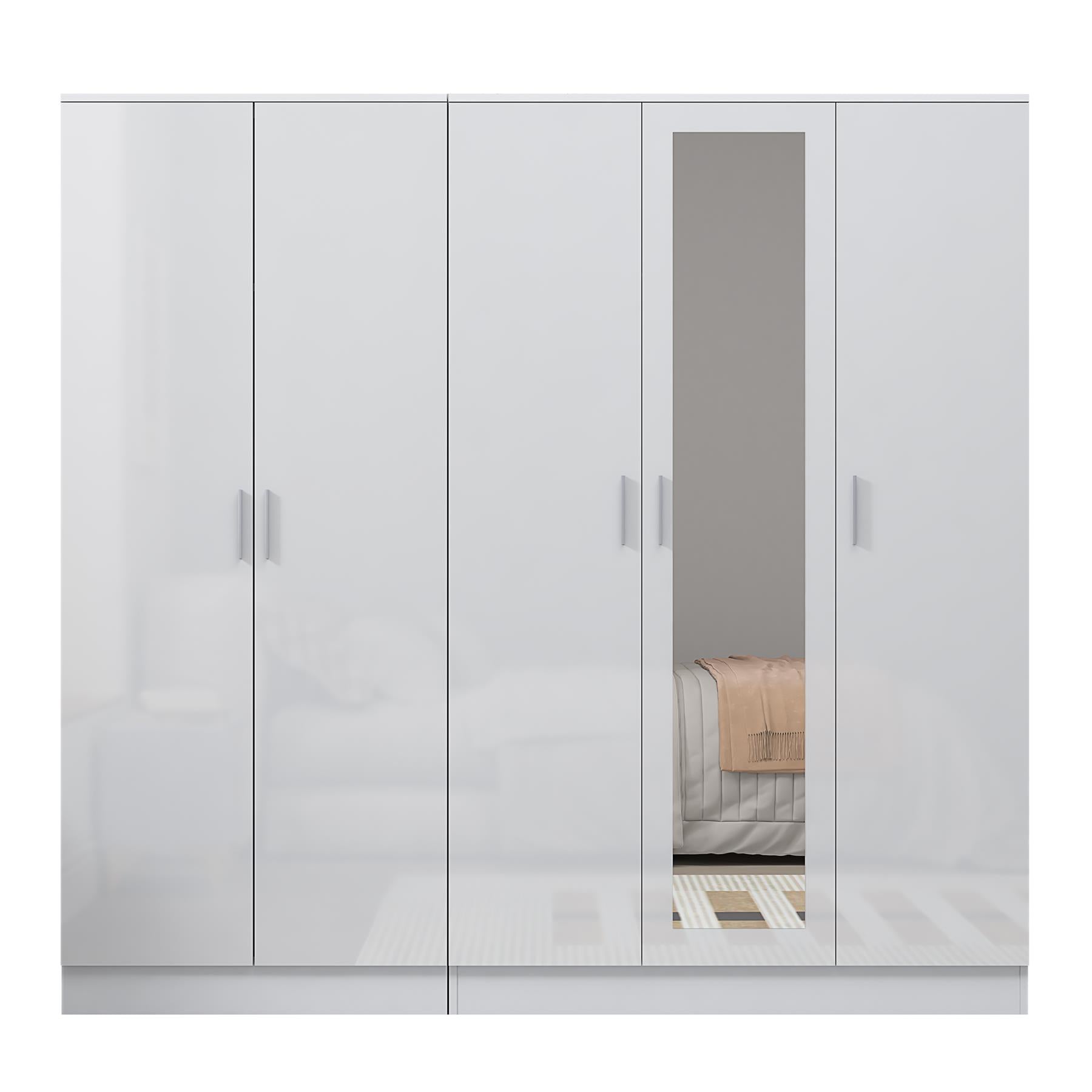 REFLECT - 3 Door MIRROR + 2 Door PLAIN Wardrobe - Gloss White / Matt White