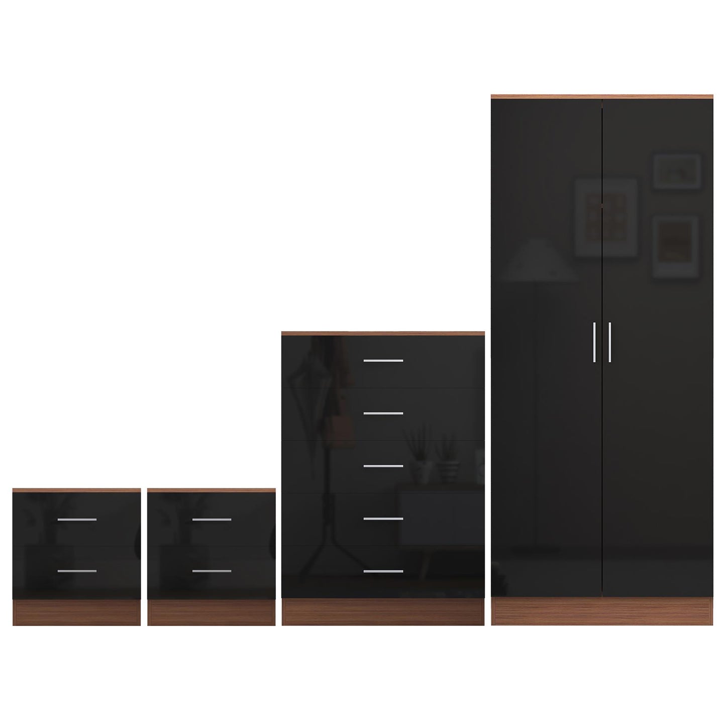 REFLECT Gloss 4pc Bedroom Set - 2 Door Wardrobe + 5 Draw Chest + 2 Bedsides