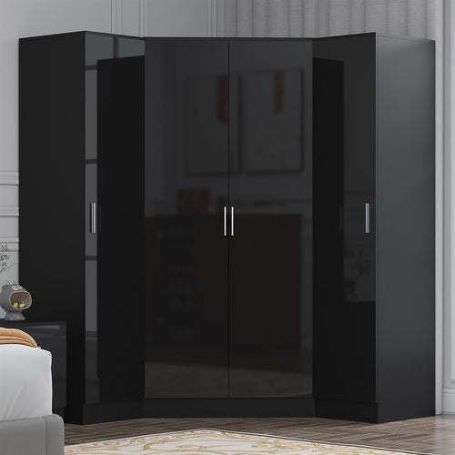 Reflect 3pc Wardrobe Bundle - 2 Door Corner + 2x 1 Door Plain - Black Gloss & Black Oak