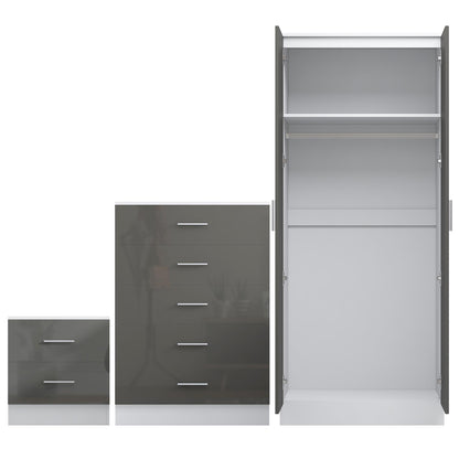 REFLECT Gloss 3pc Set - 2 Door Mirrored Wardrobe + 5 Draw Chest + Bedside