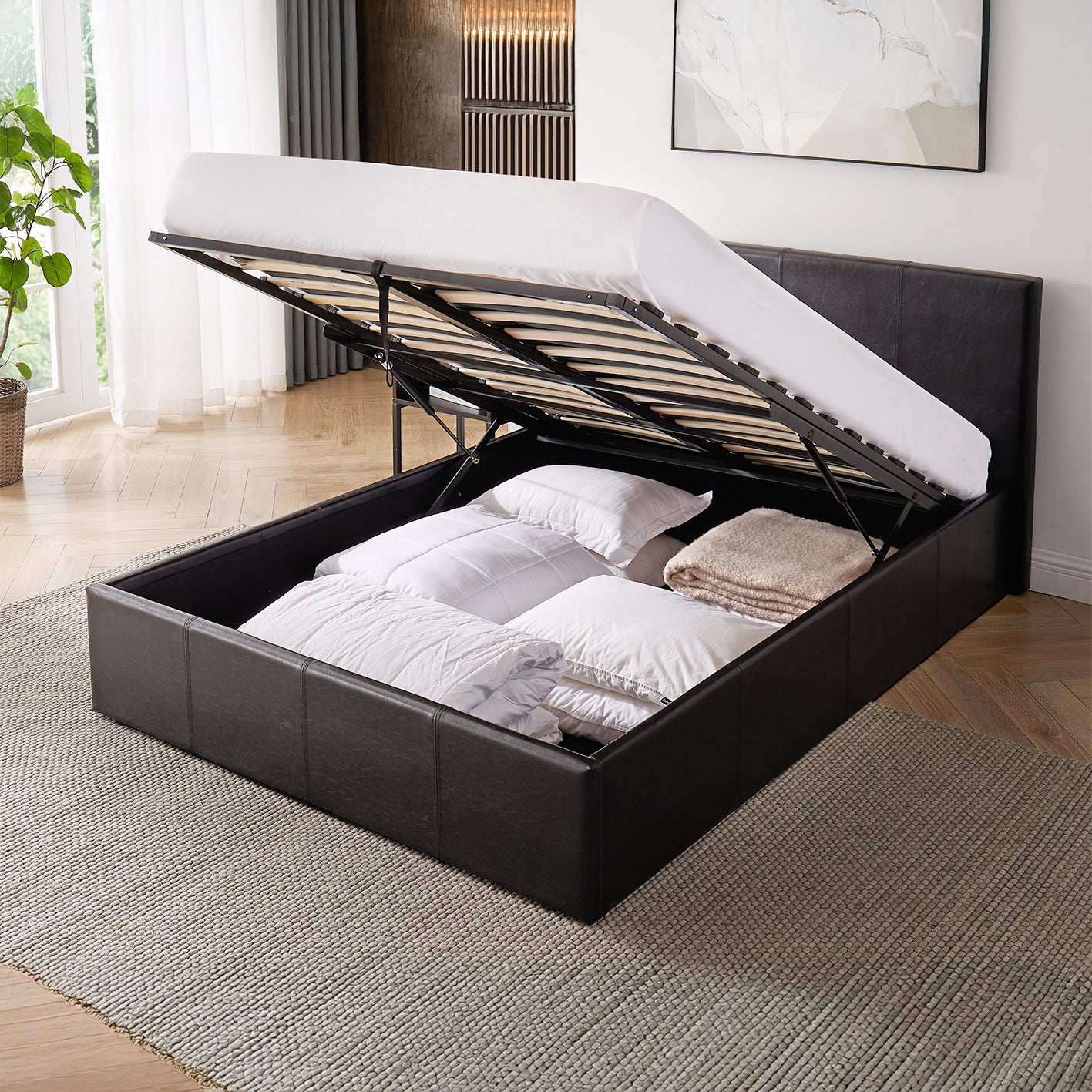 LUNA 3FT Single Black Ottoman Storage Bed with Gas Lift - Faux Leather & Sprung Slats Base