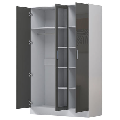 Reflect 3 Door Mirror Wardrobe - Grey Gloss & Matt White - Hanging Rail & 4 Shelves - Modern Design
