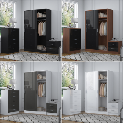 REFLECT Gloss 3pc Set - 2 Door Sliding Wardrobe + 5 Draw Chest + Bedside