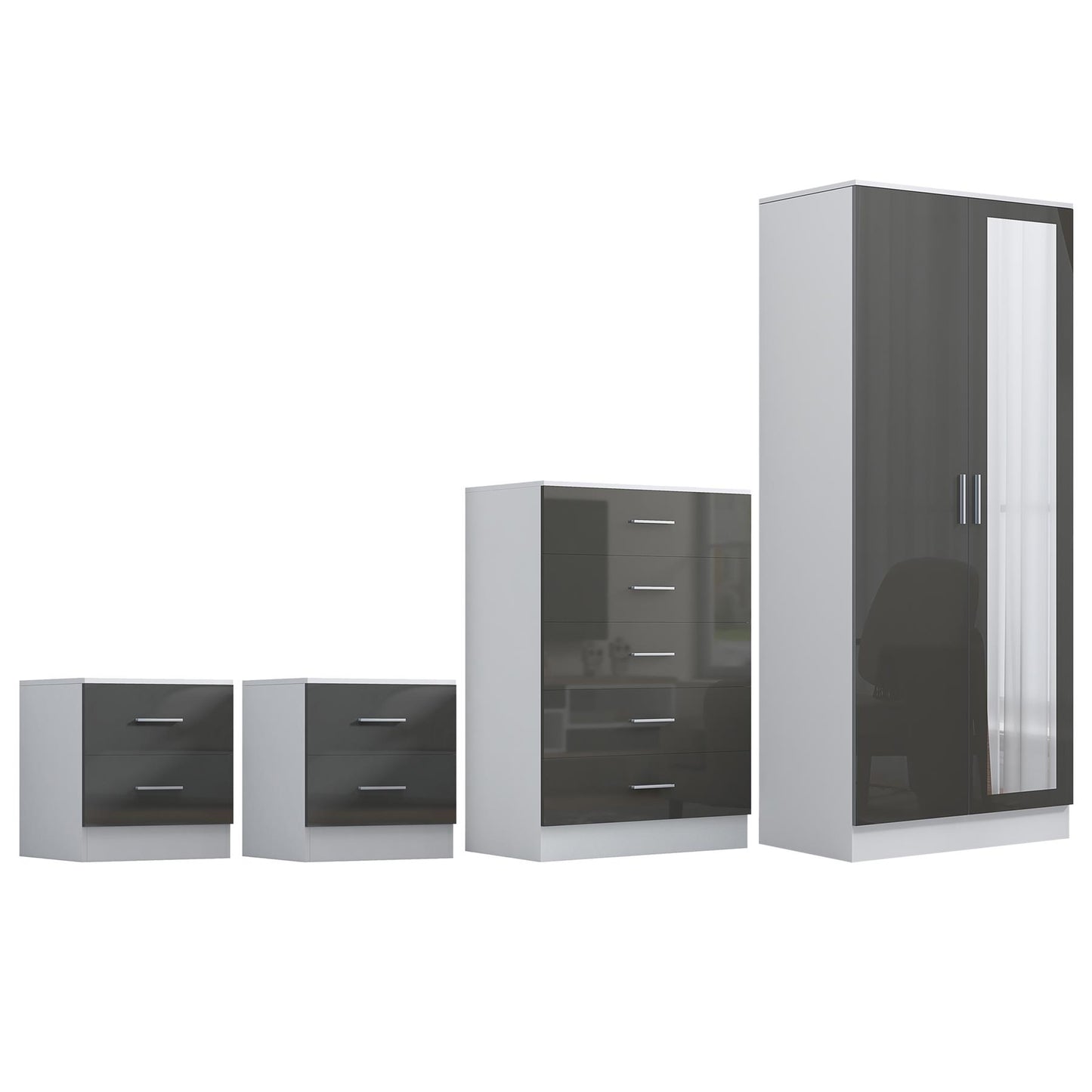 REFLECT Gloss 4pc Set - 2 Door Mirrored Wardrobe + 5 Draw Chest + 2 Bedsides