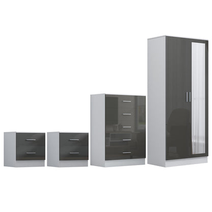 REFLECT Gloss 4pc Set - 2 Door Mirrored Wardrobe + 5 Draw Chest + 2 Bedsides