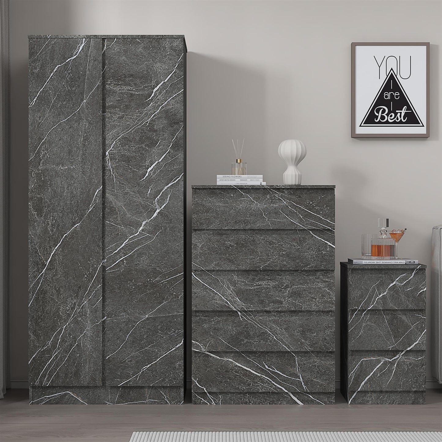 ZITA 3pc Set - 2 Door Wardrobe + Tall Chest + Bedside in White OR Grey Marble