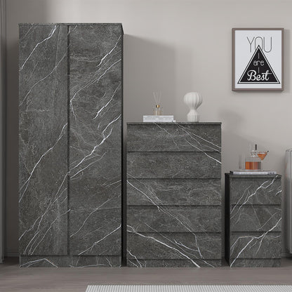 ZITA 3pc Set - 2 Door Wardrobe + Tall Chest + Bedside in White OR Grey Marble