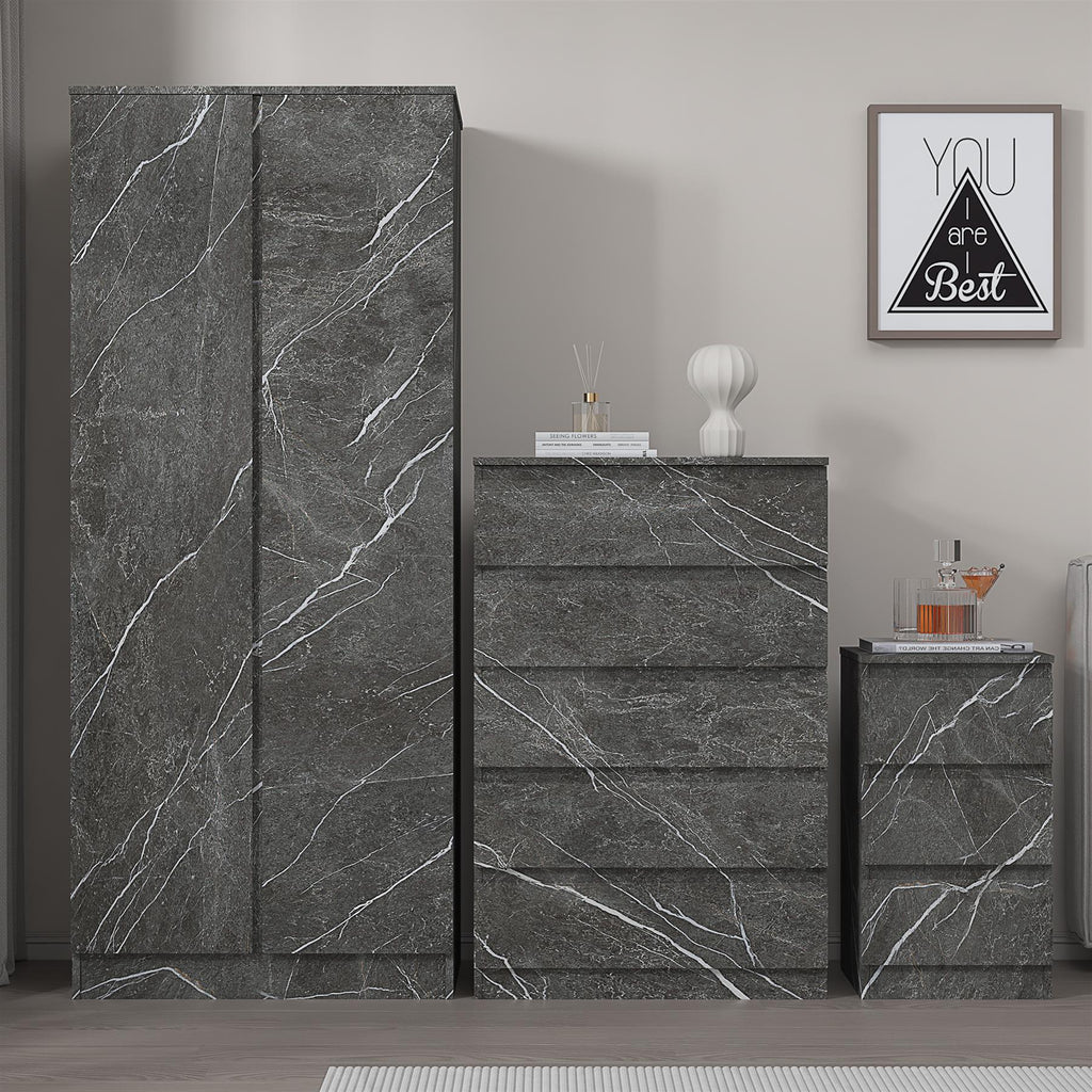 ZITA Grey Marble Effect 3 Piece Set - 2 Door Wardrobe, 5 Drawer Chest & 3 Drawer Bedside, Stylish Bedroom Storage