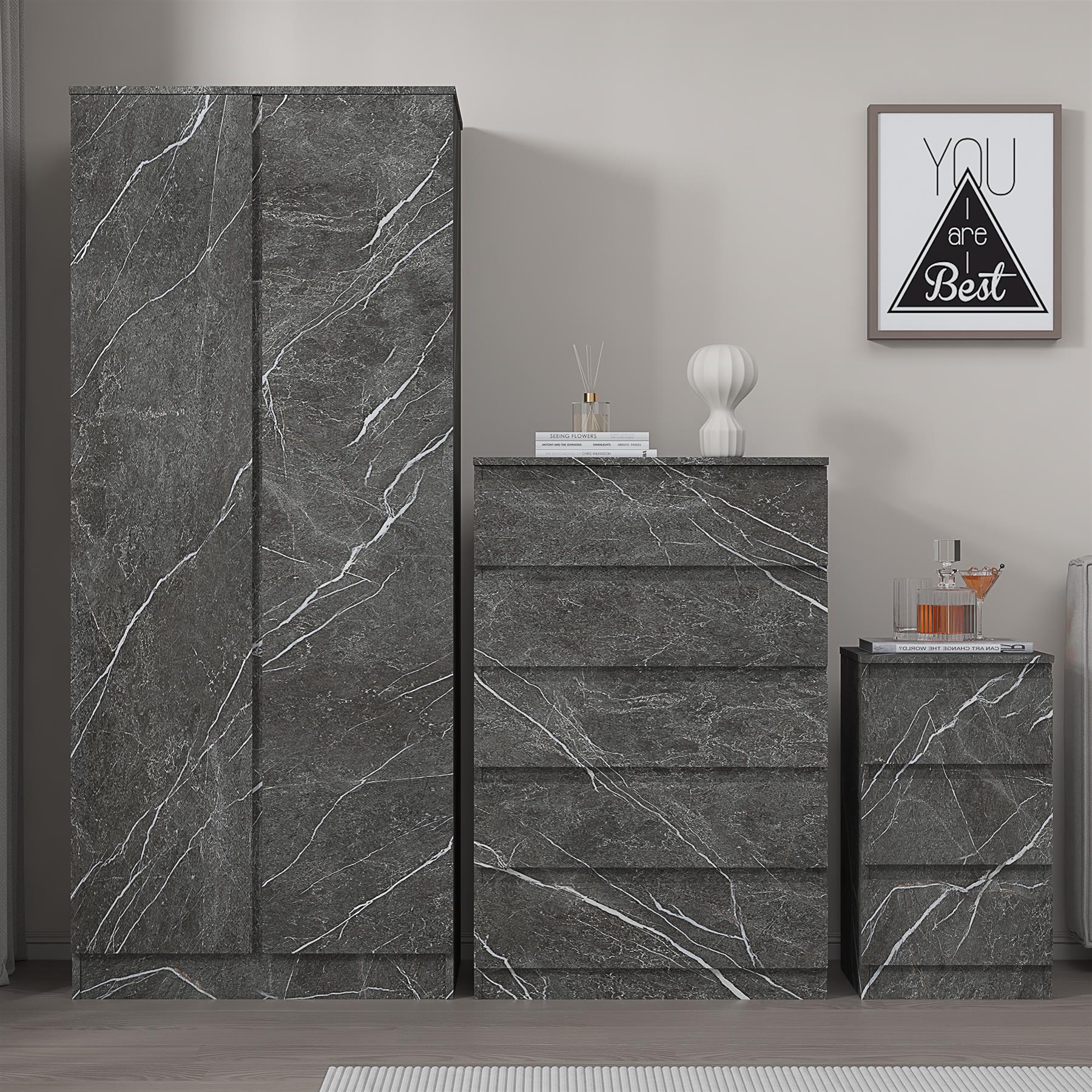 ZITA Grey Marble Effect 3 Piece Set - 2 Door Wardrobe, 5 Drawer Chest & 3 Drawer Bedside, Stylish Bedroom Storage