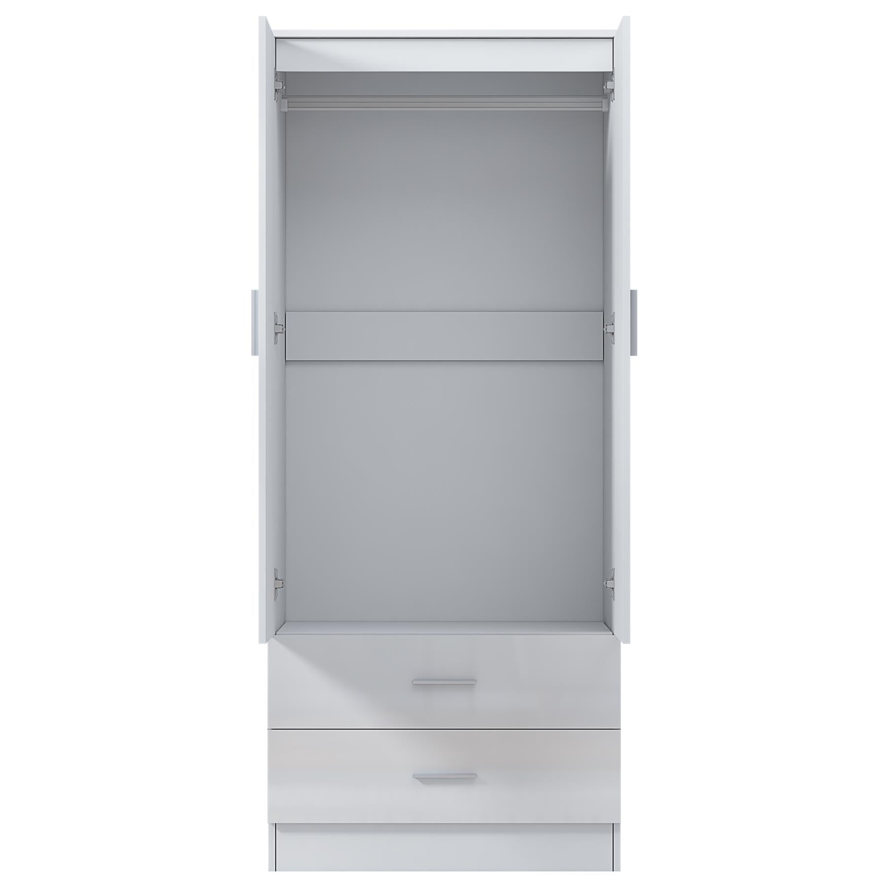 Reflect 2 Door 2 Drawer Combi Plain Wardrobe - White Gloss & Matt White - Hanging Rails, Drawers & Shelf - H: 180cm x W: 76cm
