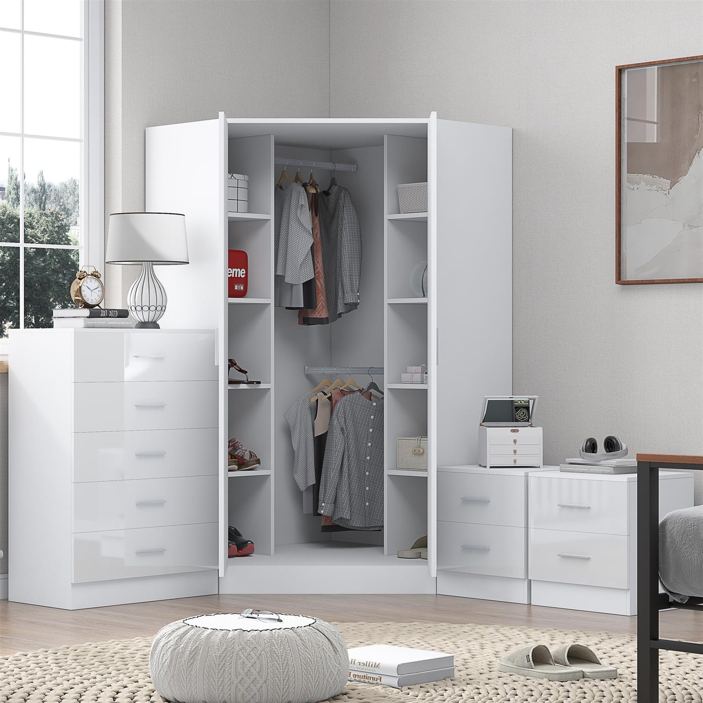 REFLECT Gloss 4pc Set - 2 Door Corner Wardrobe + 5 Draw Chest + 2 Bedsides